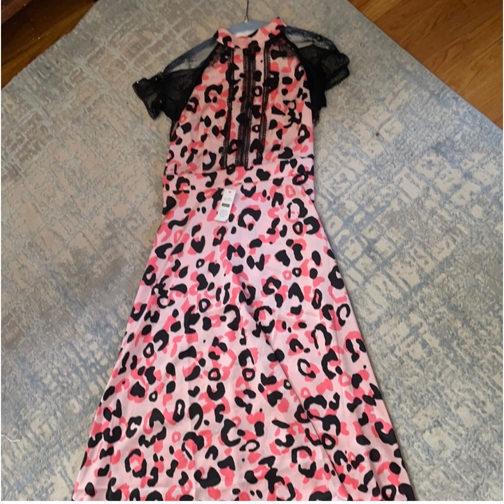 Liquorish a line lace detail midi dress in pink leopard print